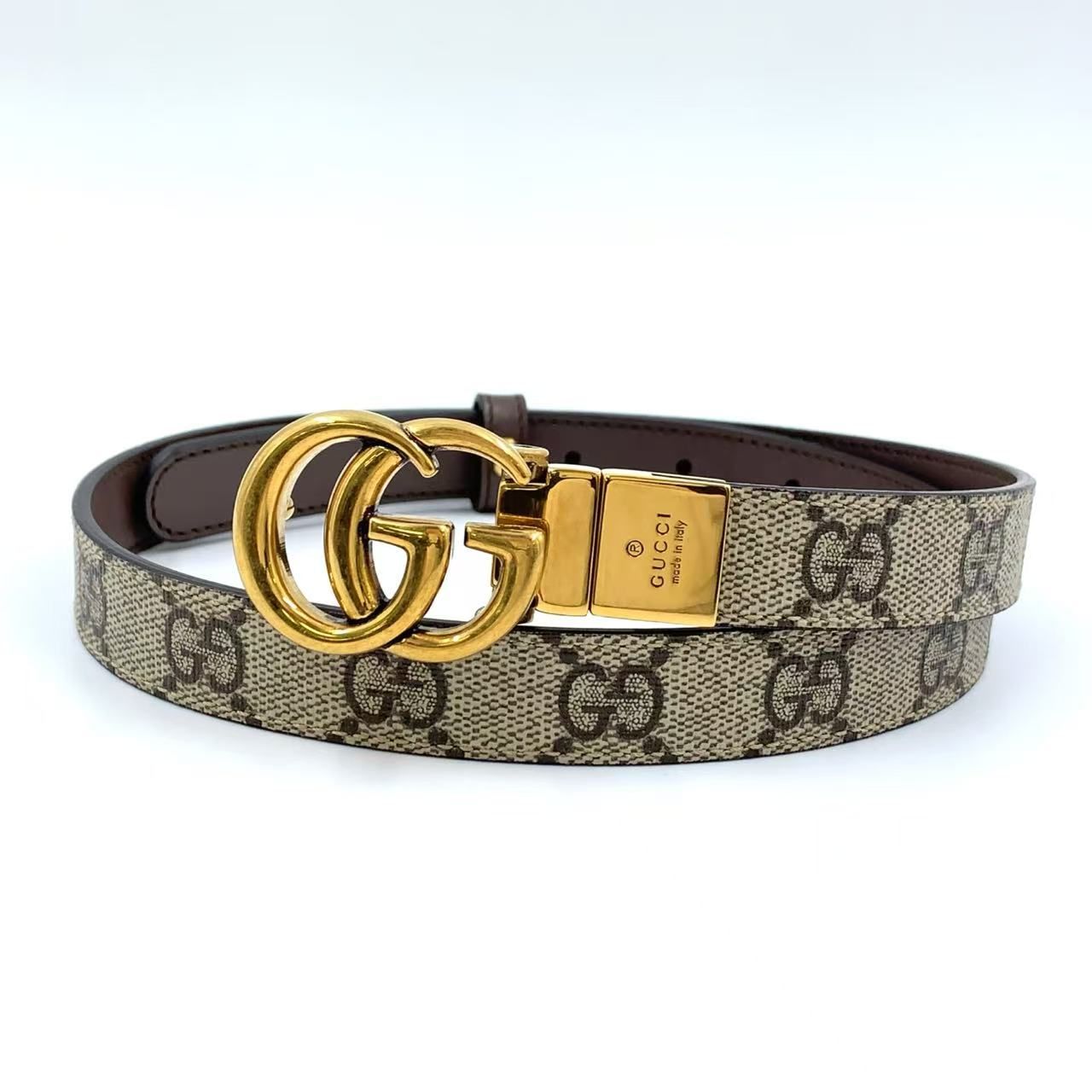 GUCCI GGライン スリム リバーシブル レザー×コーティングキャンバス ブラウン ベルト ゴールド