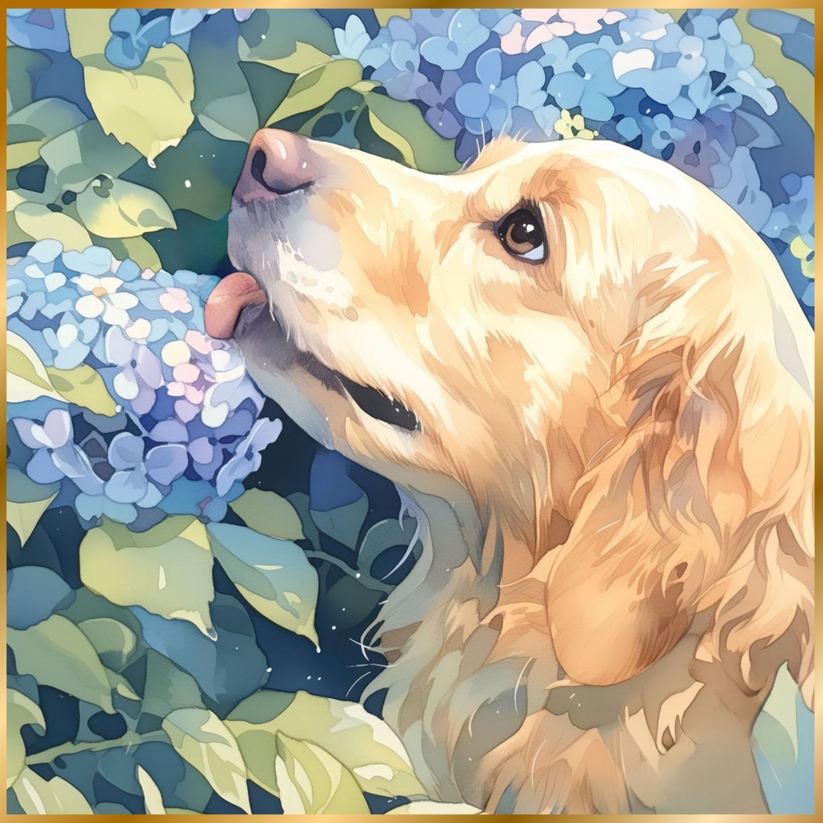 雨犬戯舞 - ゴールデンレトリバー犬の子犬 No.1 梅雨 季節 時期 紫陽花 カタツムリ 子犬 うちの子記念日 ペットロス アートポスター 犬の絵 犬のイラスト