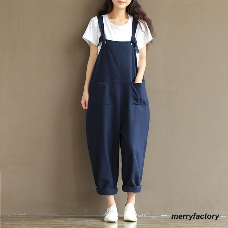 オーバーオール サロペット ゆったり ロングパンツ ズボン 無地 シンプル カジュアル レディース 女性 大きいサイズ おしゃれ かわいい オL
