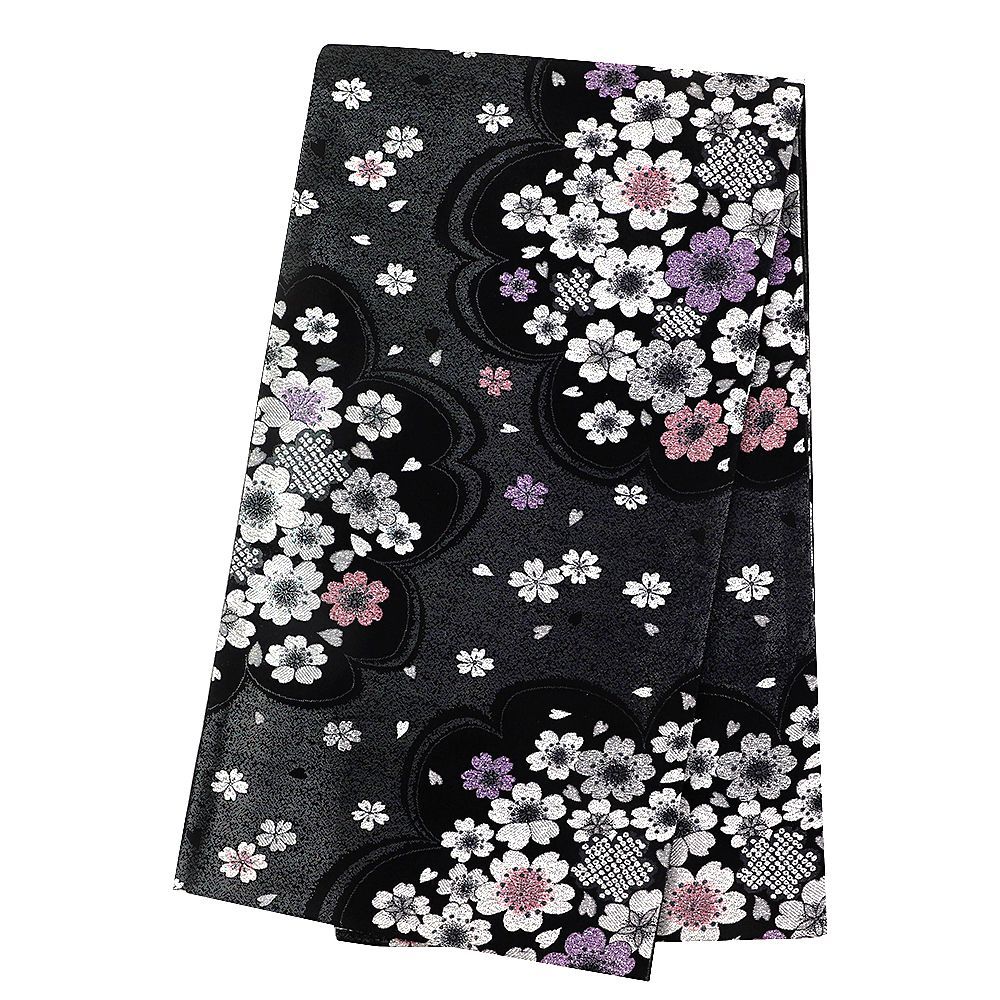 中古】 袋帯 振袖用 リサイクル 正絹 黒 桜 サクラ 花びら 鹿の子 唐織