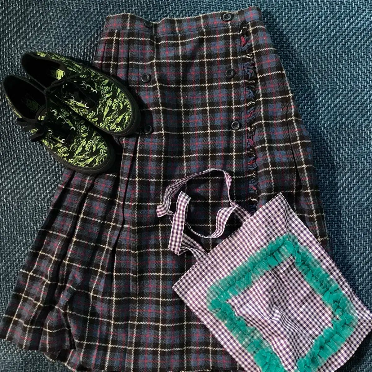 ヴィンテージ タータンチェック ダブル ボタン フリンジ ディテール ウール ラップ スカート