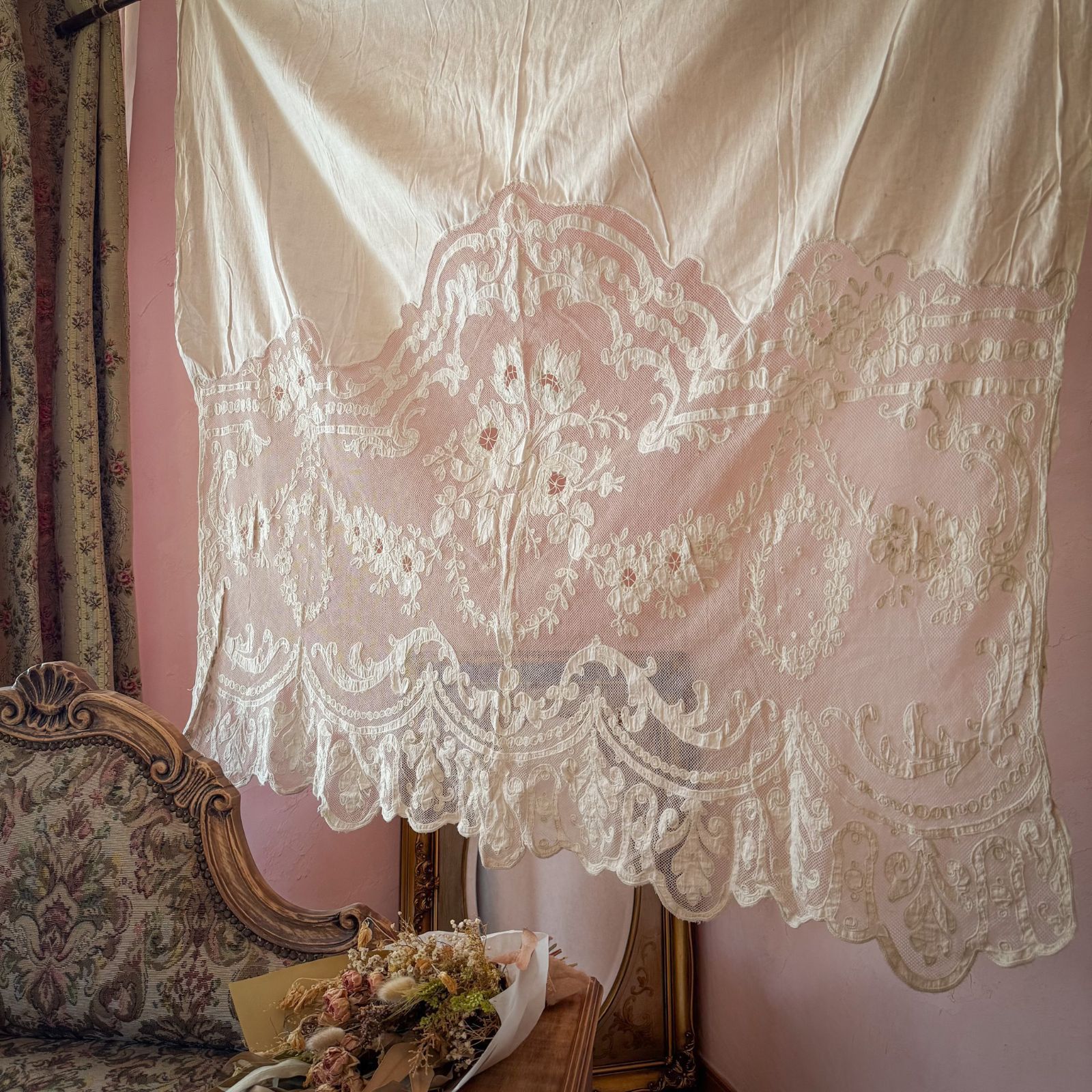 フランス 19世紀の刺繍チュールハーフパネルカーテン Napoleon III
