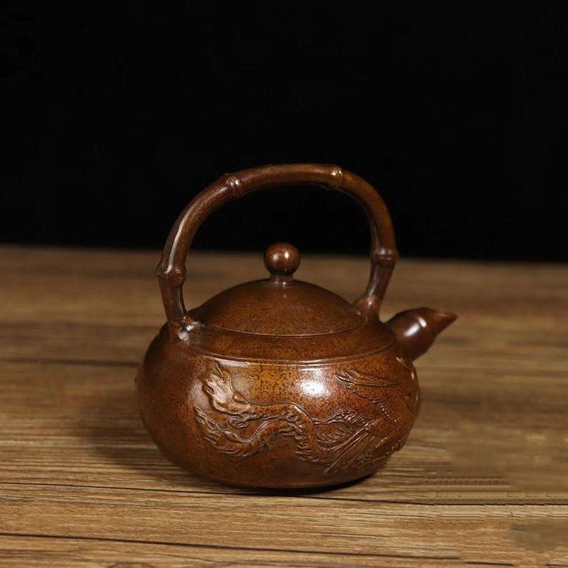 銅 細工 龍鳳提梁壺 茶壺 酒壺 茶道具 工芸品 美術品 置物 銅 細工