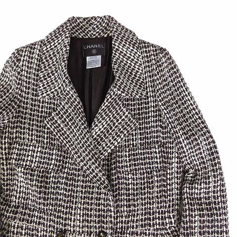 シャネル CHANEL 01A ツイード コート ダブル ジャケット ウール ココマーク ボタン L 44 ダークブラウン こげ茶色 ベージュ 黒 フランス製 P18117V10417