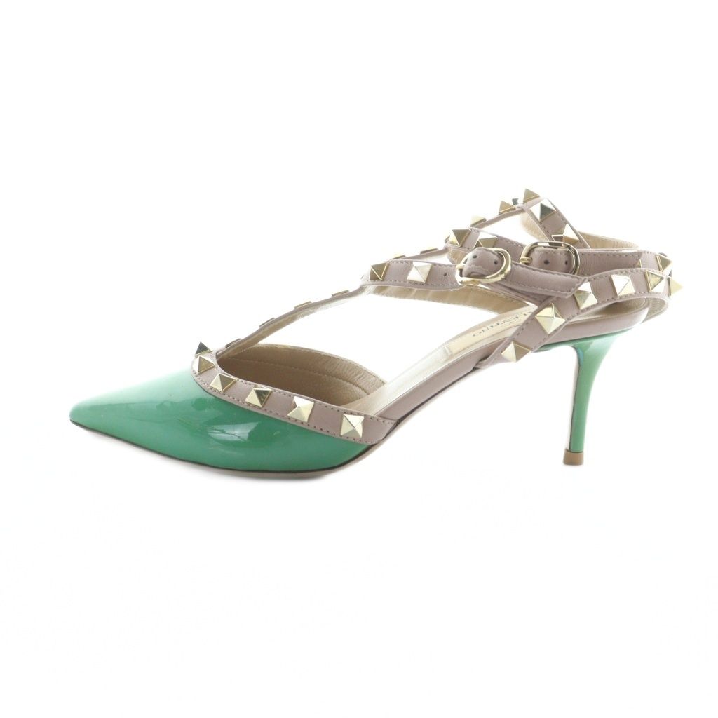 ヴァレンティノ ガラヴァーニ VALENTINO GARAVANI サンダル スタッズ ピンヒール ポインテッドトゥ レザー ロゴ 36 23cm ベージュ 緑 グリーン GY18 MQ