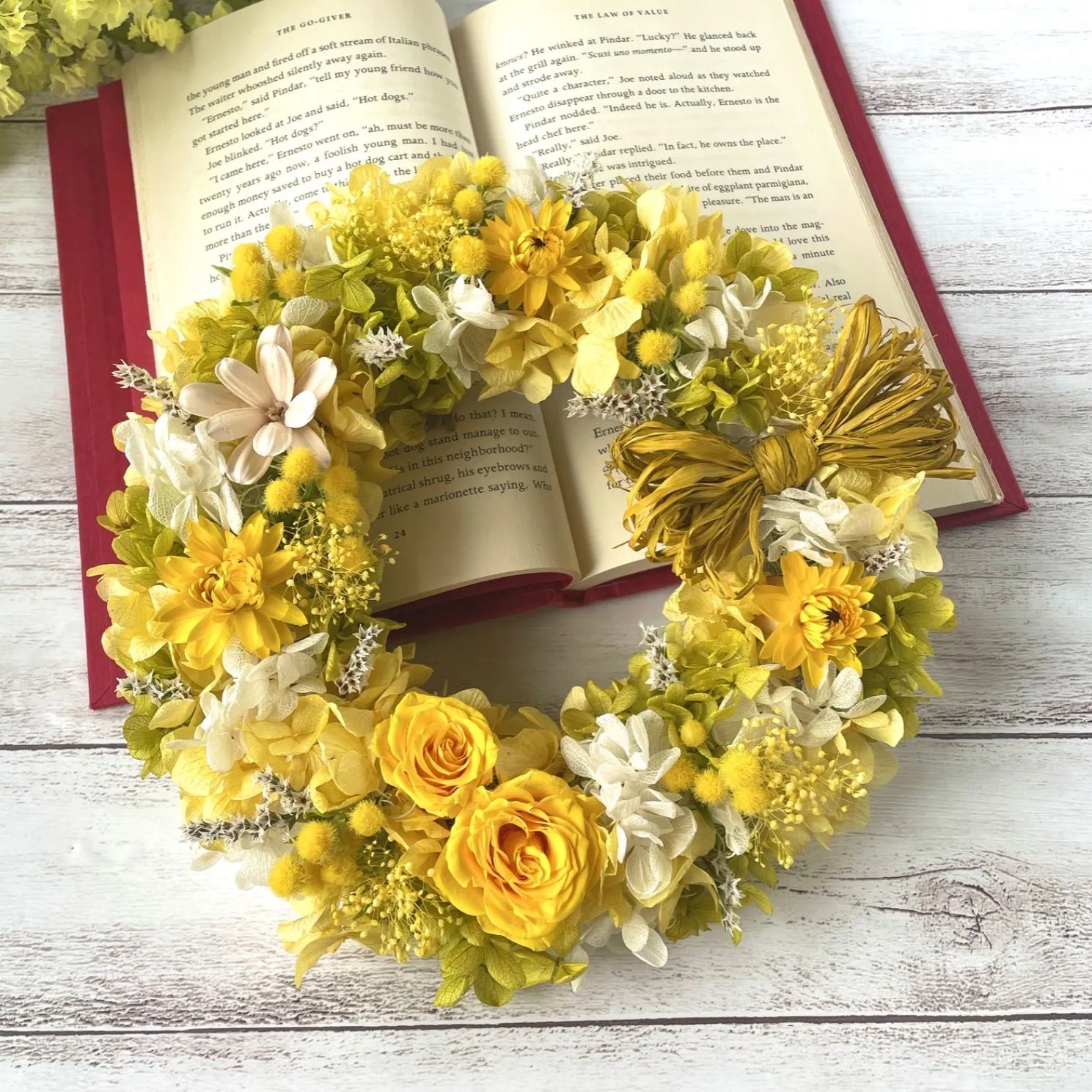 ミモザ＊薔薇＊プリザーブドフラワー＊ふんわり＊イエローリース＊ラフィアリボン