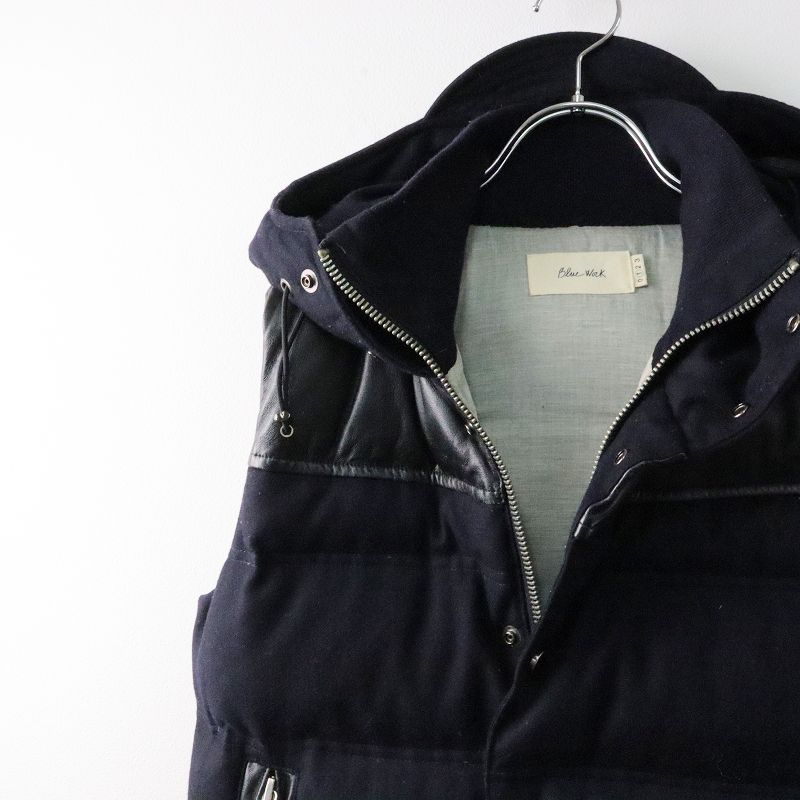 【カシミヤ】トゥモローランドブルーワーク　レザー切り替えウールダウンベスト　高級 ブルーワークbluework メルトンウールレザー切り替えダウンベスト