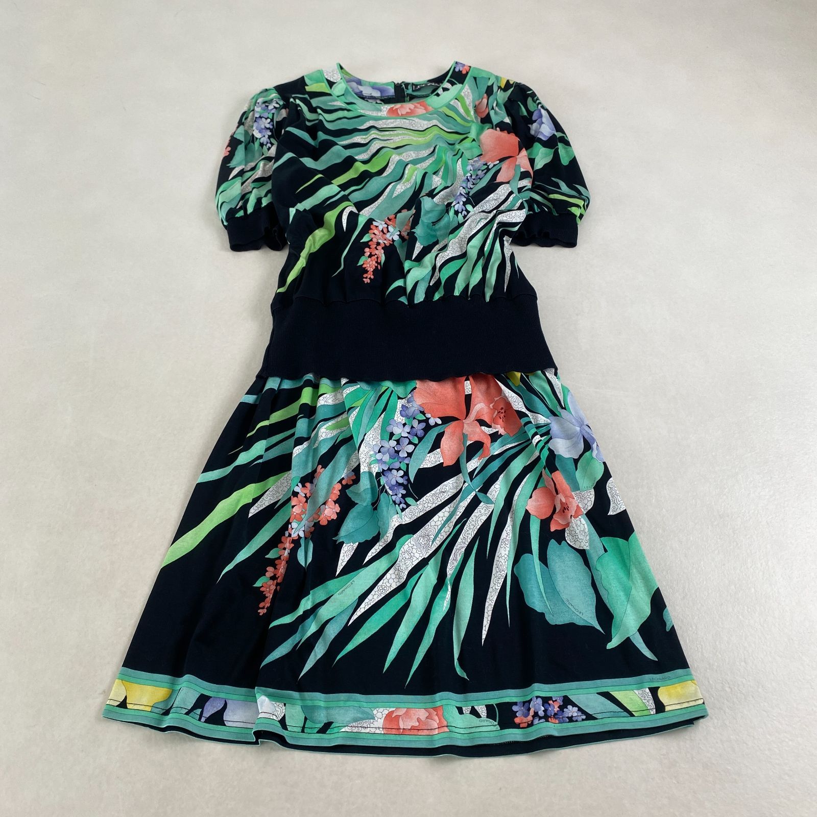 レオナール ワンピース セットアップ パフスリーブ 花柄 M相当 LEONARD コットン グリーン系