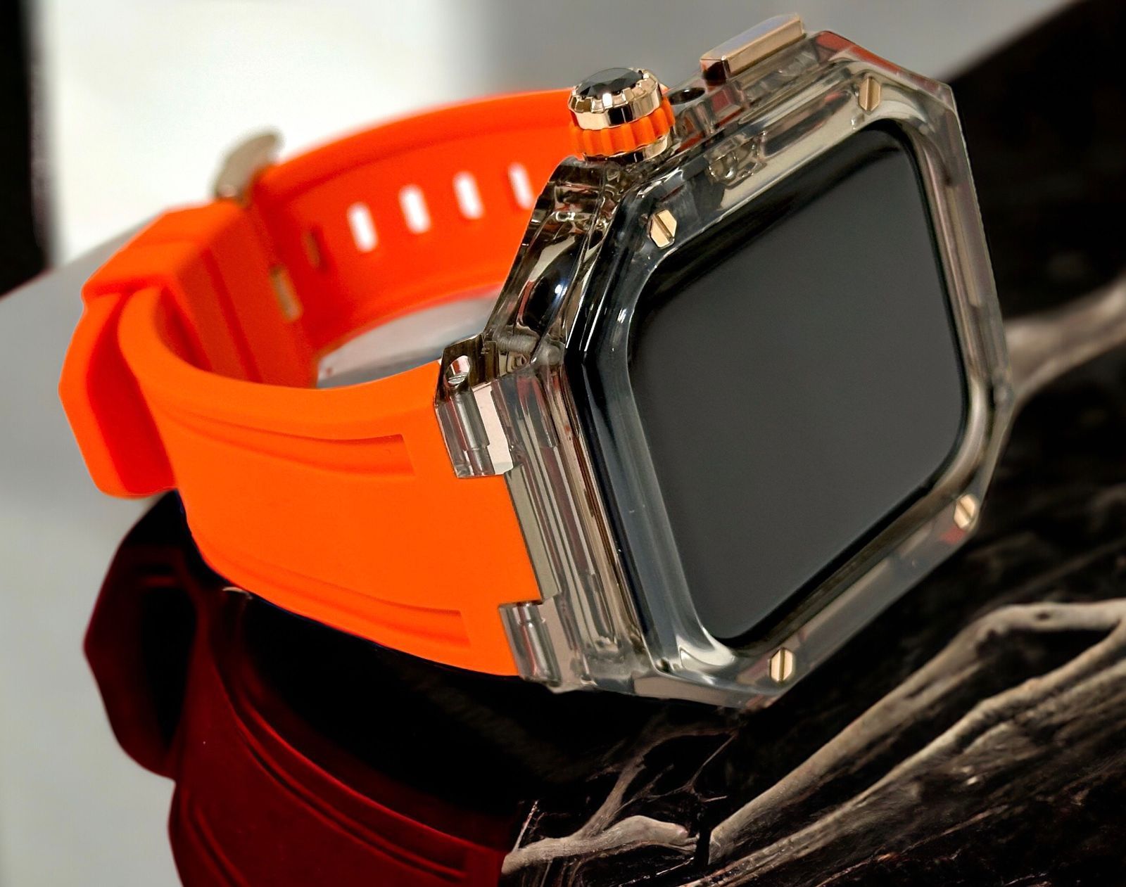 クリアブラック オレンジ ローズゴールド◆アップルウォッチ ラバーベルト カバー クリア ケース 40mm 41mm 44mm 45mm 4 5 6 7 8 9 se スポーツ メンズ レディース 4ネジ Apple Watch バンド オリジナルバックル付き