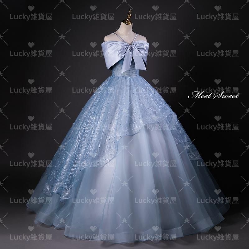 カラードレス プリンセスライン ブルー フリル リボン パール 前撮り カラードレス プリンセスライン ロングドレス ブルー フリル