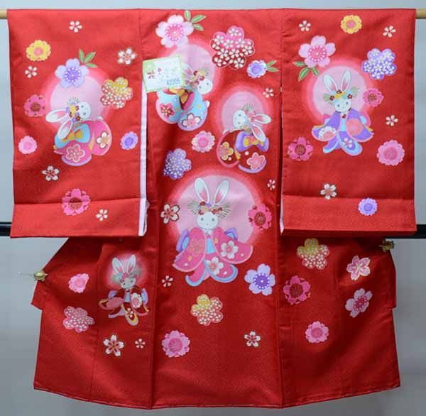 お宮参り産着 合繊 のしめ 女児 着物 うさぎ 兎 赤色 金刺繍 女の子 祝着 一つ身 掛け着 初着 NO42205
