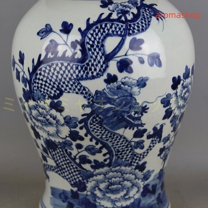 清康煕青花竜着牡丹紋将軍缶 景徳鎮 陶磁器 装飾品 現代工芸品 美術品
