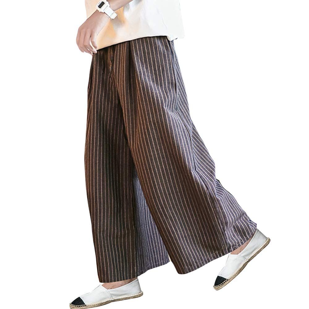 3XL_コーヒー [YIMANIE] ワイドパンツ 袴パンツ メンズ ガチョウパンツ 和式ズボン ビッグシルエット ゆるゆる ゴム 紐 無地 ストライプ 男女兼用 衣装 大きいサイズ ルームウェア