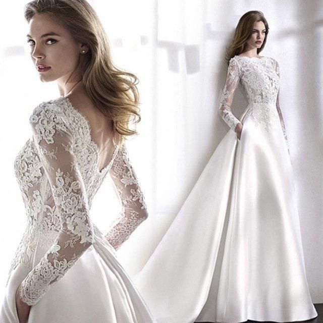 ウェディングドレスレースサテンドッキングトレーン結婚式ドレスホワイト長袖背開きAラインロングドレス二次会披露宴挙式ブライダルドレスWP 929