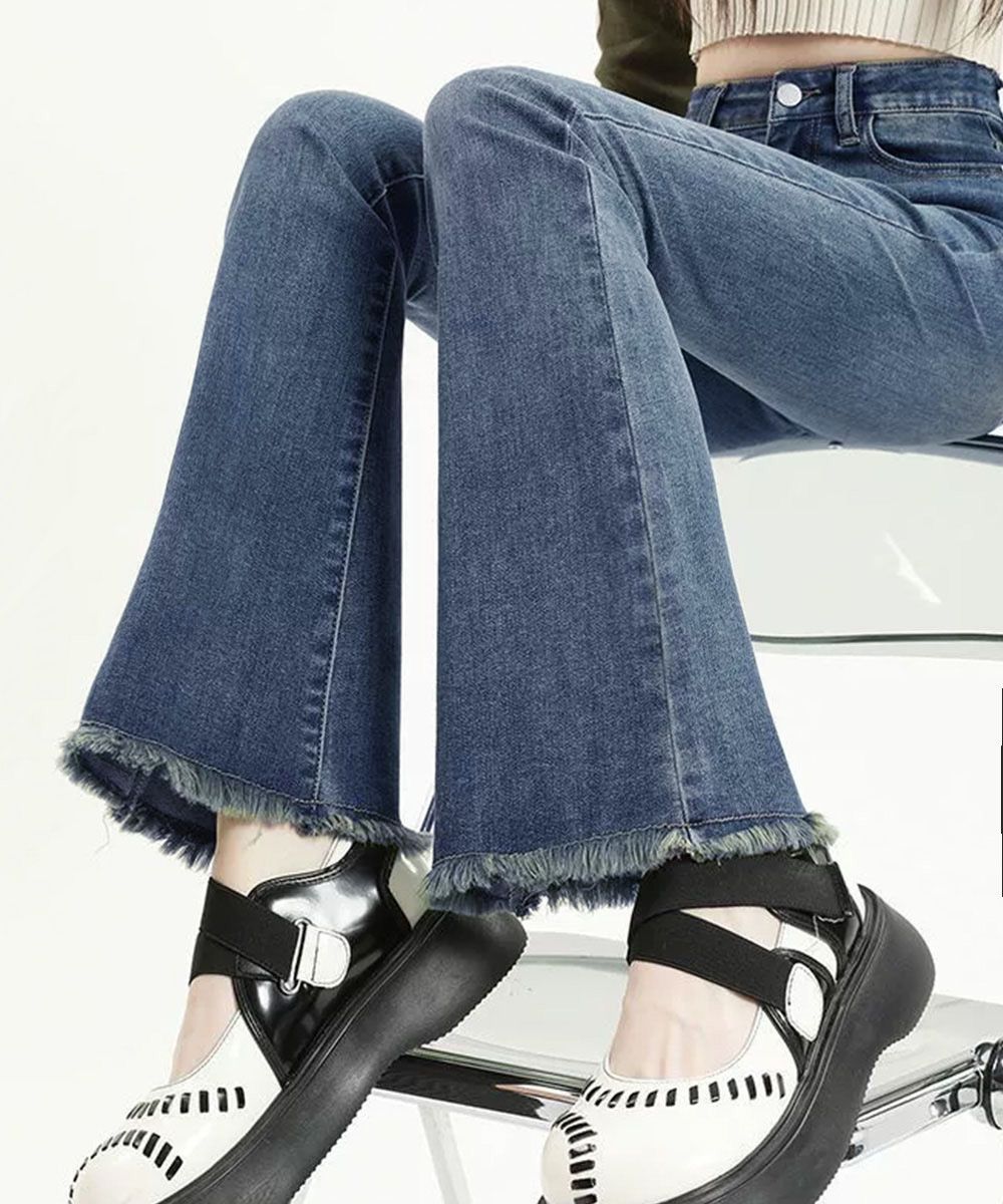セミフレアデニムパンツ 美脚 フリンジパンツ 脚長 パンツ ハイウエスト ブーツカット ジーンズ ジーパン ストレッチデニム タイトスリムパンツ ヴィンテージ風 セミフレアデニム 春 着やせ ロングパンツ Y2K 韓国コーデ 夏 CH21KUZI-020