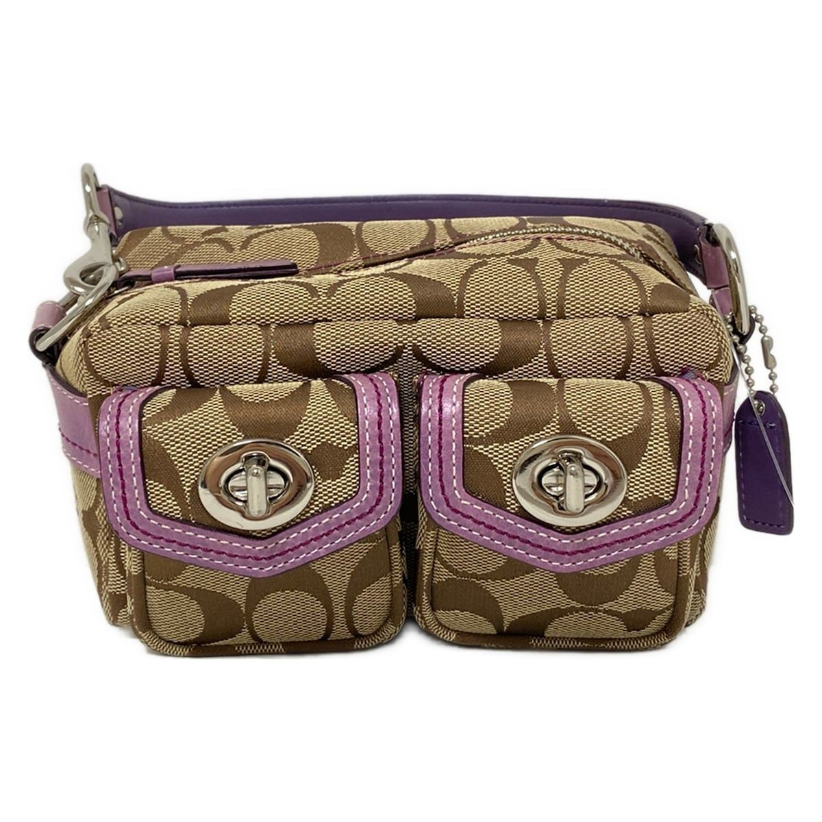 COACH コーチ ポーチ シグネチャー柄 ベージュ×ブラウン×パープル バッグ|ダブルターンロック レザー