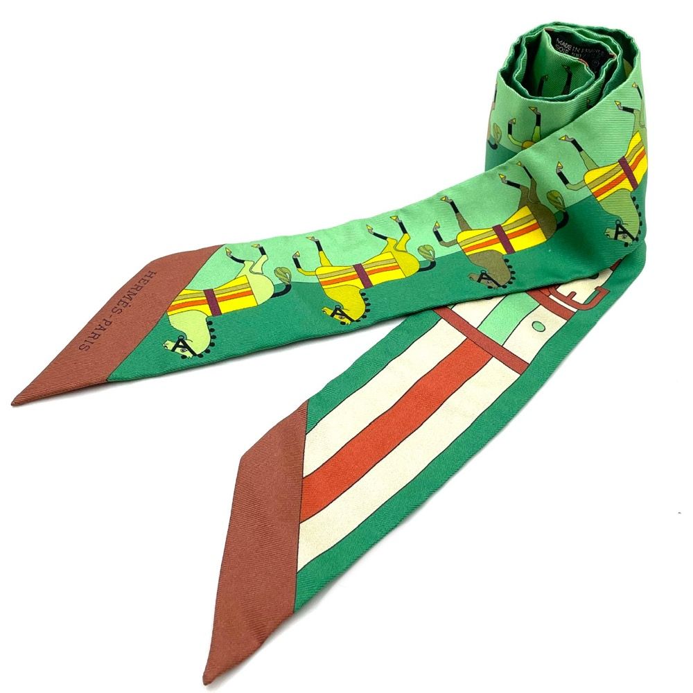 美品　エルメス　ツイリー　ロカバール　馬柄　グリーン、ブラウン 限定価格】 エルメス スカーフ レディース Twilly ツイリー