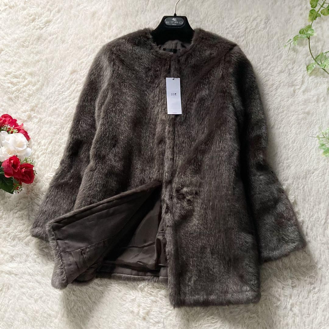 マガジン掲載品 タグ付き 23区 エコファーノーカラーハーフコート ブラウン 38サイズ オンワード樫山 ファーコート ショートコート