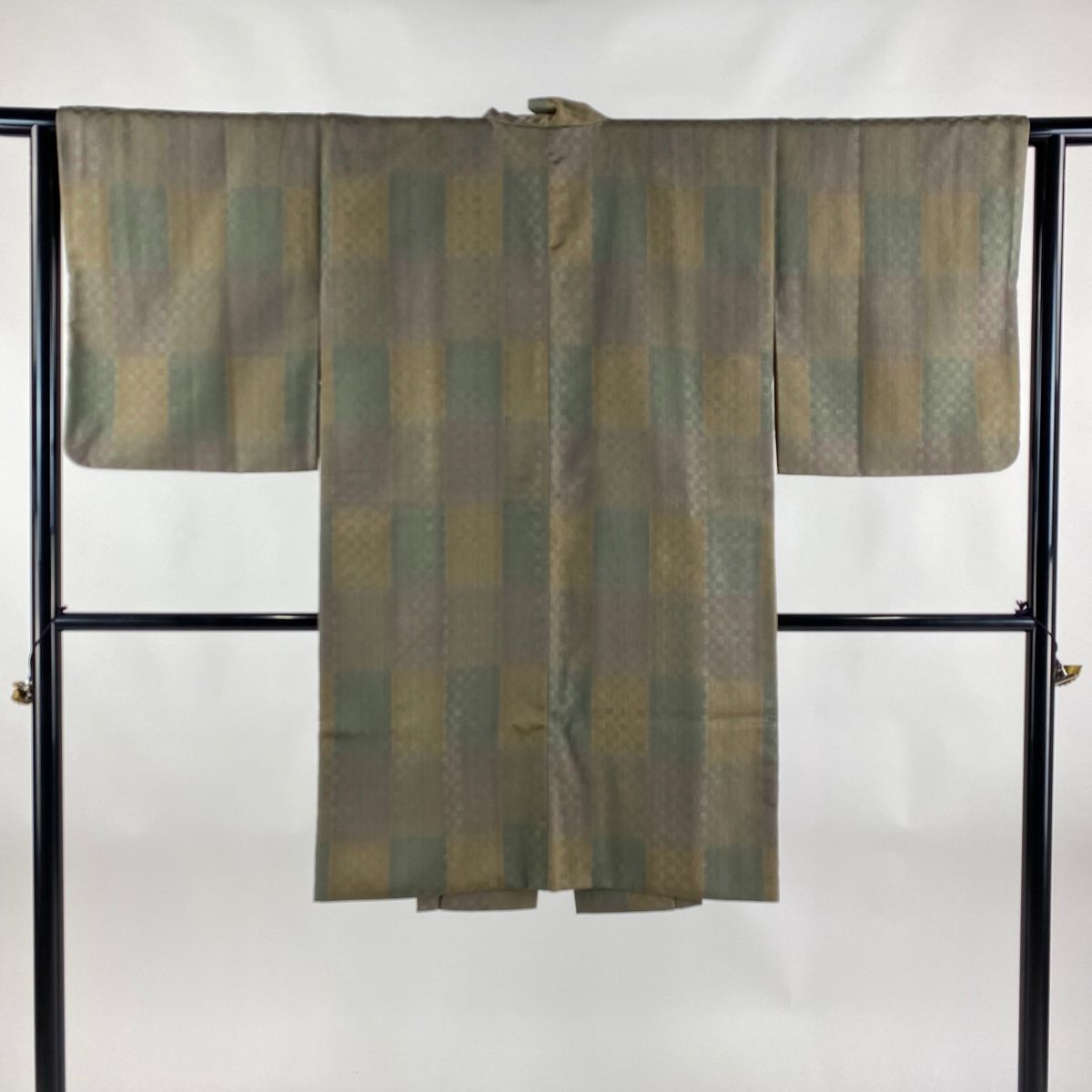 道中着 身丈101cm 裄丈63.5cm S 和装コート 地紋 幾何学 灰緑 正絹 美  