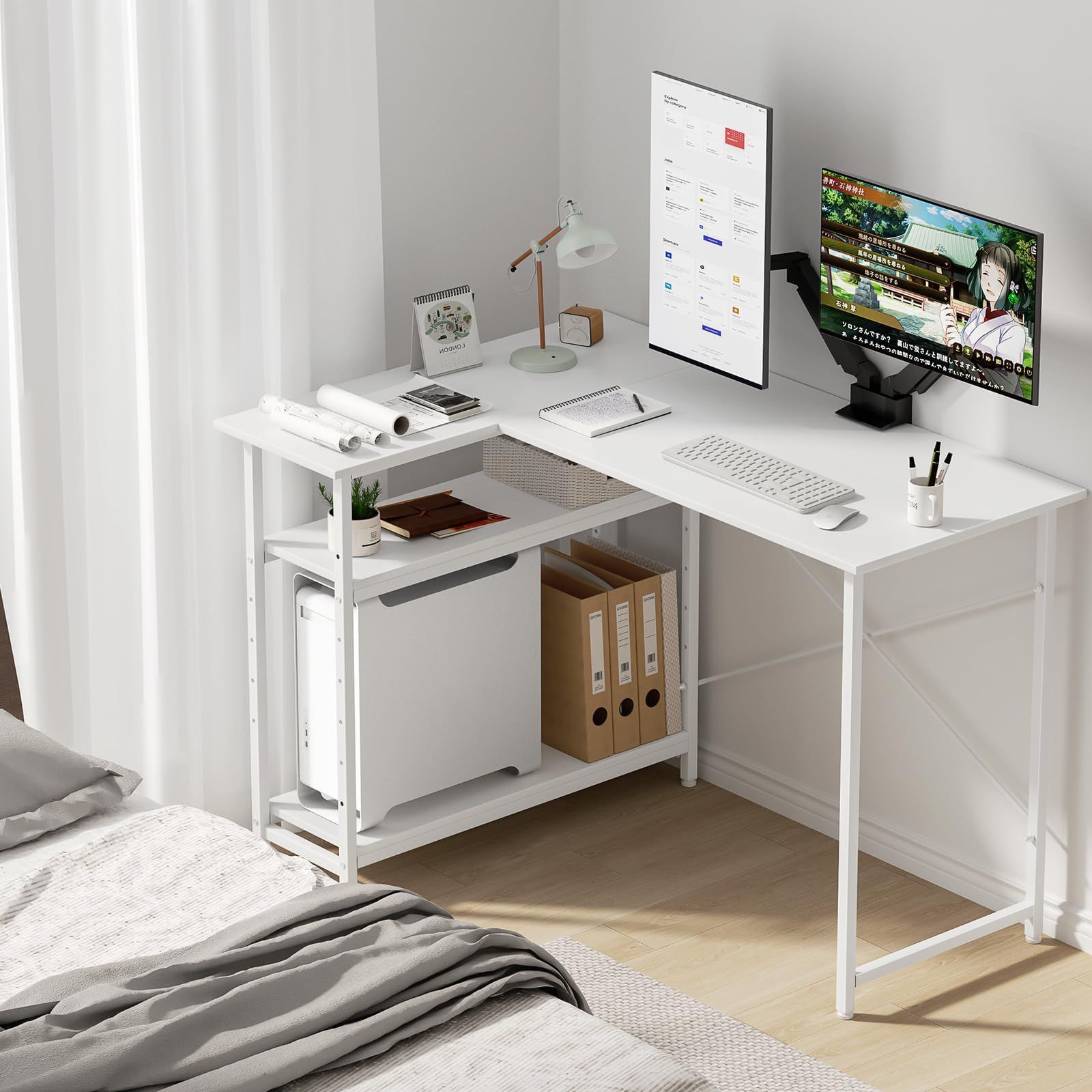 人気商品 pcデスク l字デスク パソコンデスク 幅110cm H m 机 pcデスク 左右両替対応 コーナー 棚板高さ5段可動 ワーク 省スペース 書斎 ゲーミング オフィス シンプル L字型 作業机 勉強机 リモートワーク 棚付 ホワイト