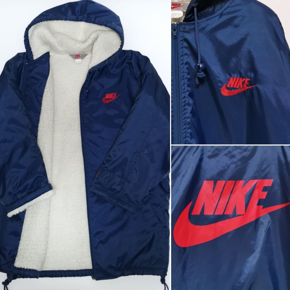 L 90s ナイキ NIKE フード ボア ナイロン ジャケット ベンチコート 