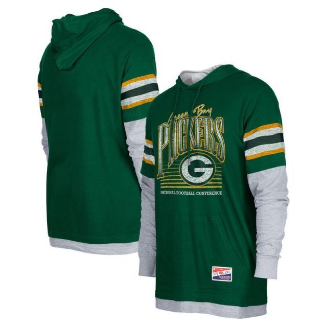 【送料無料】 ニューエラ メンズ Tシャツ トップス Men's New Era Green Green Bay Packers Twofer Long Sleeve Hooded T-Shirt Pkr Green