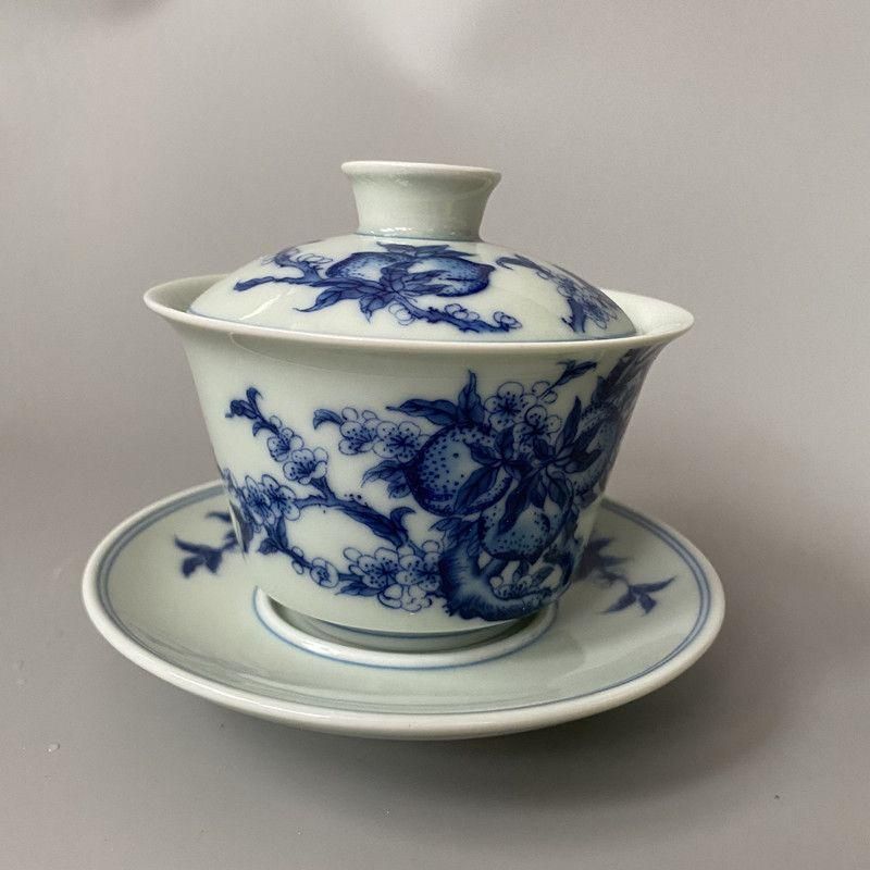 中国茶器 青花釉下寿桃三才蓋碗 茶器 茶碗 景徳鎮 未使用品