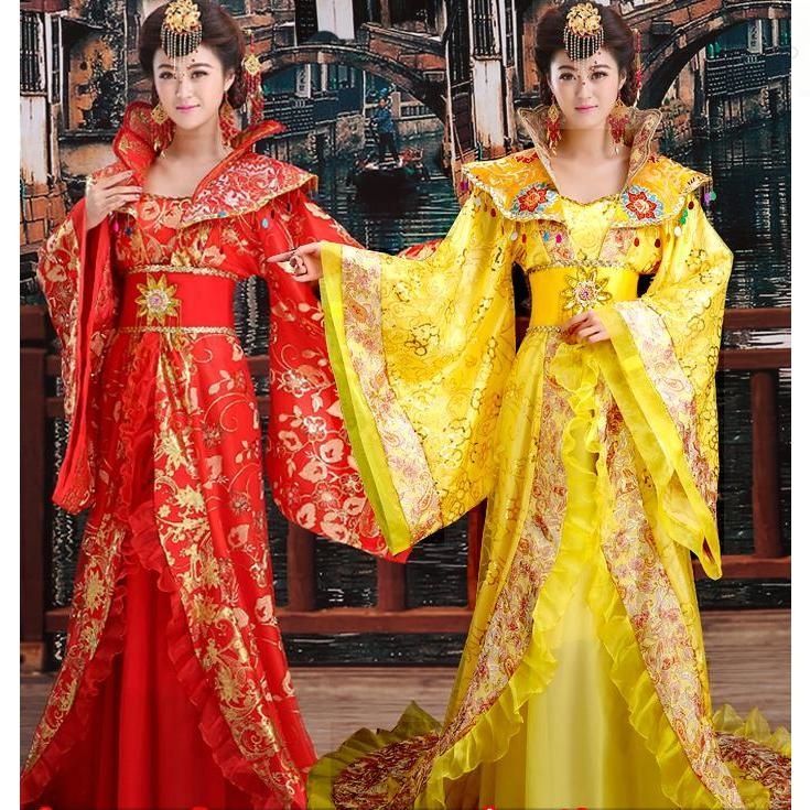 豪華引き裾漢服唐装 4色 マキシ丈チャイナドレス スパンコール刺繍中国古代宮廷衣装 皇后皇帝貴妃コスプレ仮装変装 中華服 華流ハロ