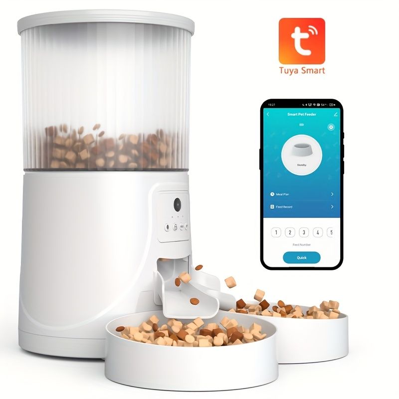 カメラ付きスマートペットフィーダー - 自動猫＆犬用フードディスペンサー HDアプリ視聴 双方向オーディオ タイマーメール 低食料警報 デュアルトレイ