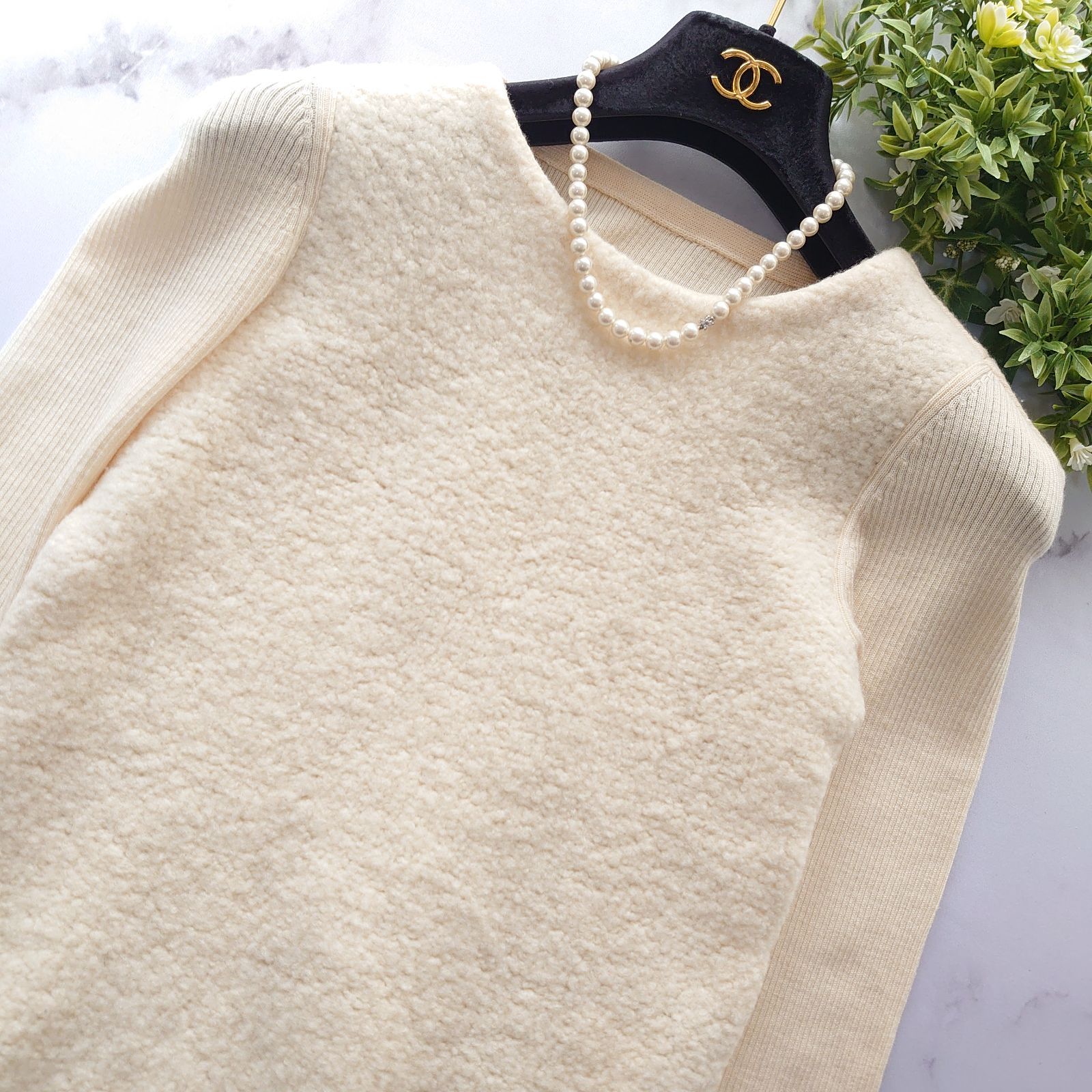 定価6.4万 フォクシー 異素材切り替え ウール ロゴプレート ニット トップス 七分袖 38