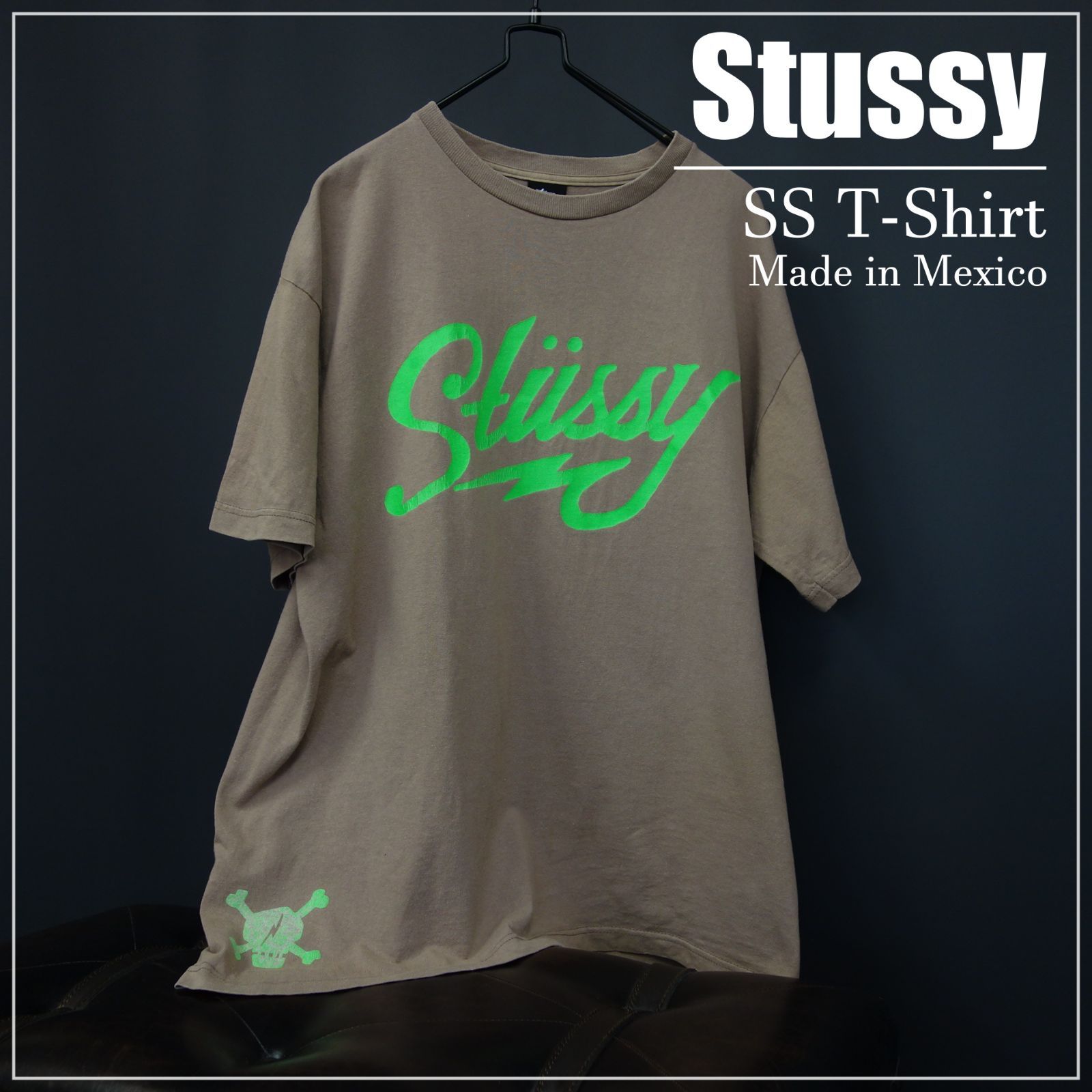 00s～ Vintage US古着Stussy ステューシー 半袖プリントTシャツ 裾ロゴ スカル メキシコ製 SIZE L ブラウン系 00's 00年代 ストリート 人気 希少デザイン