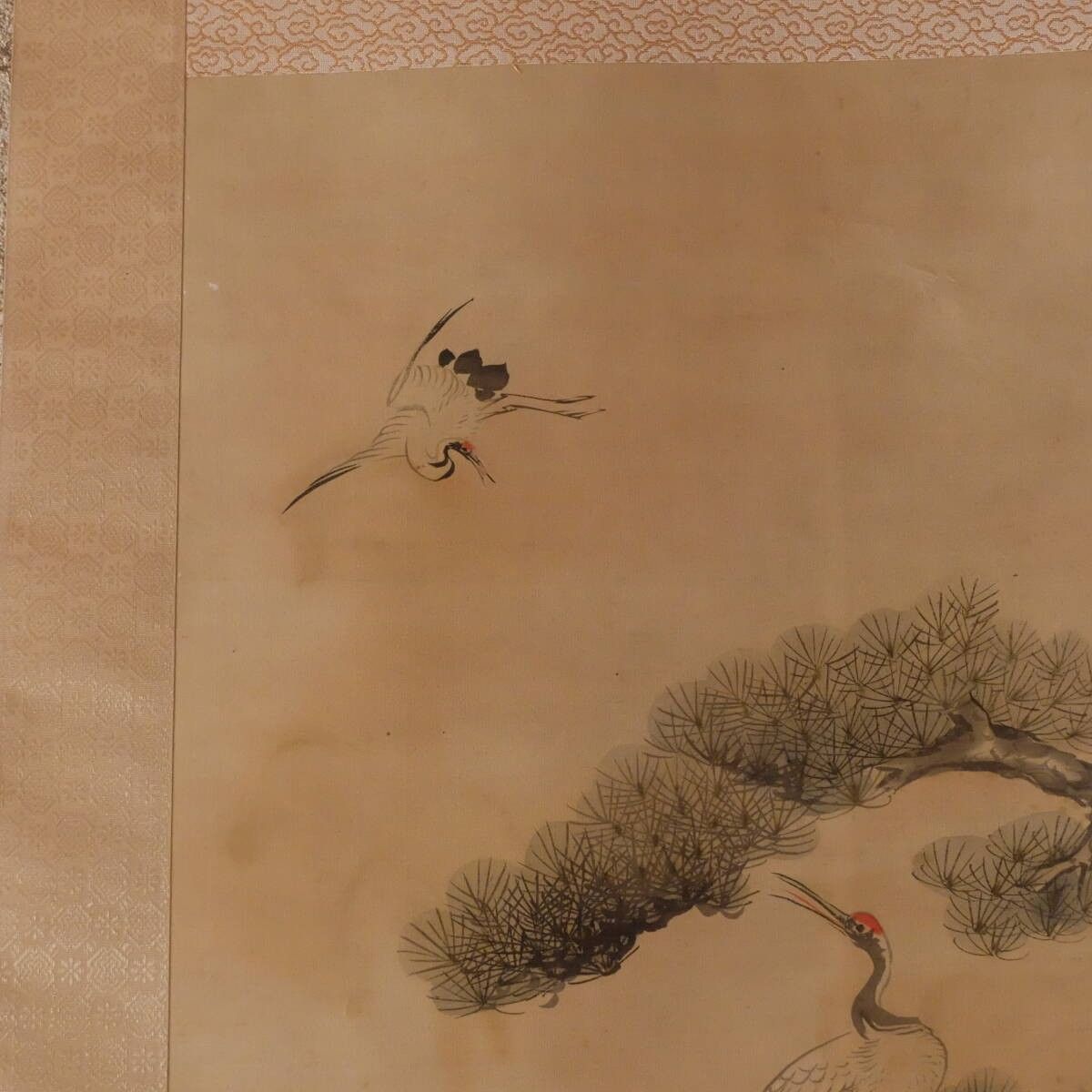 古画　日本画　山水画　仙境 鶴と亀　松竹梅　絹本　肉筆　佚名 模写】菅井春山「松竹梅鶴亀図」 絹本着色 ☆土佐派に学ぶ 尾形
