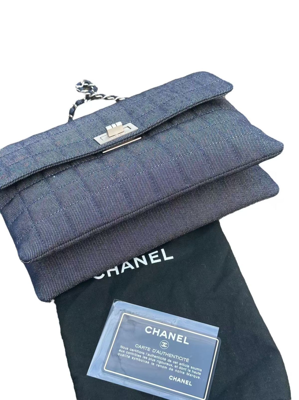 上 ◆本物シャネルCHANEL2.55チョコバーデニムマトラッセシルバーSV金具チェーンショルダーバッグポーチハンドバッグ肩掛け腋下6番台