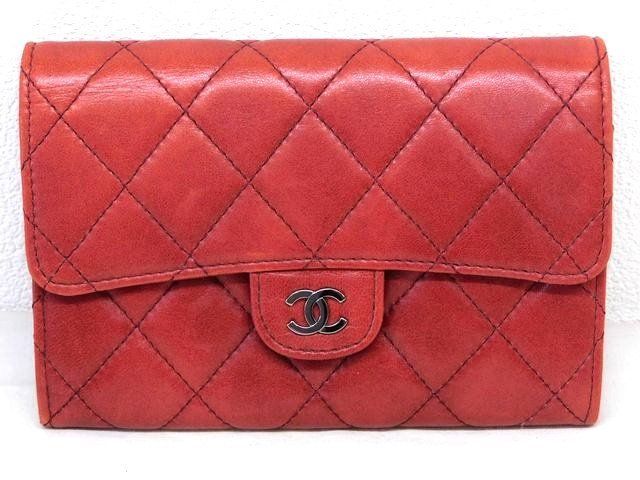 シャネル 10番台 ヴィンテージ コンパクト財布 ウォレット ラムスキン レッド 赤 レディース CHANEL □ 7I