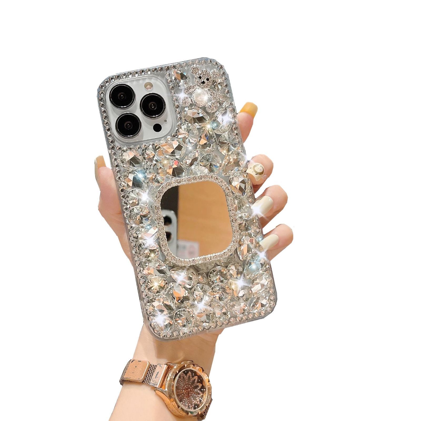 【人気商品】CrazyLemon 適用 iPhone 12 iPhone 12 Pro 可愛い ケース キラキラ クリア ラインストーン おしゃれ スクエア ミラー 鏡面 化粧鏡 デザイン スタンド付き ストラップ付き かわいい 贅沢 豪華 レディース 女性用