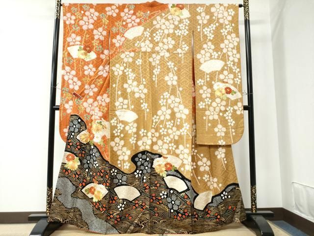 平和屋着物●豪華振袖　駒刺繍　絞り　立波地紙菊花文　金彩　正絹　逸品　CAAW7376yc 平和屋着物○豪華振袖 駒刺繍 絞り 立波地紙菊花文 金彩 正絹