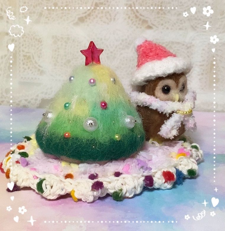 羊毛フェルト。フクロウ。クリスマス。ツリー。お正月。鏡餅付き