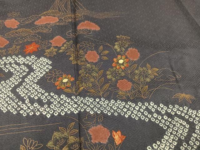 平和屋着物●訪問着　絞り　刺繍　流水草花文　金彩　正絹　逸品　AAAW7494ph 平和屋着物○訪問着 絞り 刺繍 流水草花文 金彩 正絹 逸品 AAAW7494ph