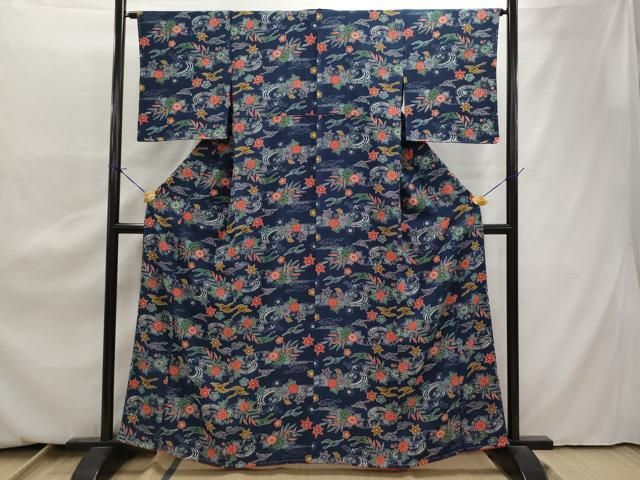 平和屋着物▽上質な色無地 単衣 紗綾型地紋 御召御納戸