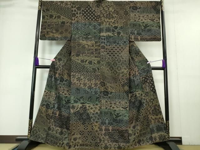 平和屋本店□極上 本真綿紬 柿渋染 切嵌 名物裂 証紙付き 逸品 未使用