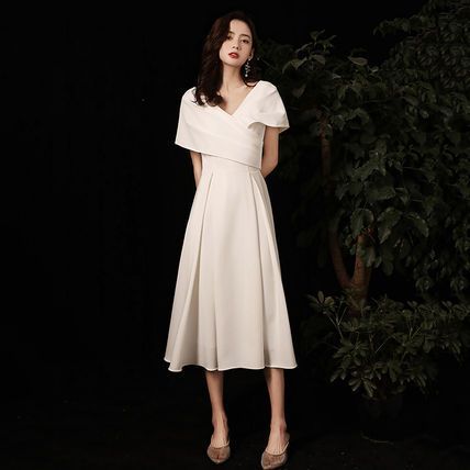 パーティードレス ミディアム丈 半袖 シンプル 結婚式 韓国 パーティードレス ミディアム丈 半袖 シンプル 結婚式 韓国系