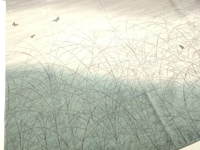 平和屋着物○染色家 岸上純平 訪問着 紬地 舞蝶草葉文 健勝苑扱い 正絹  