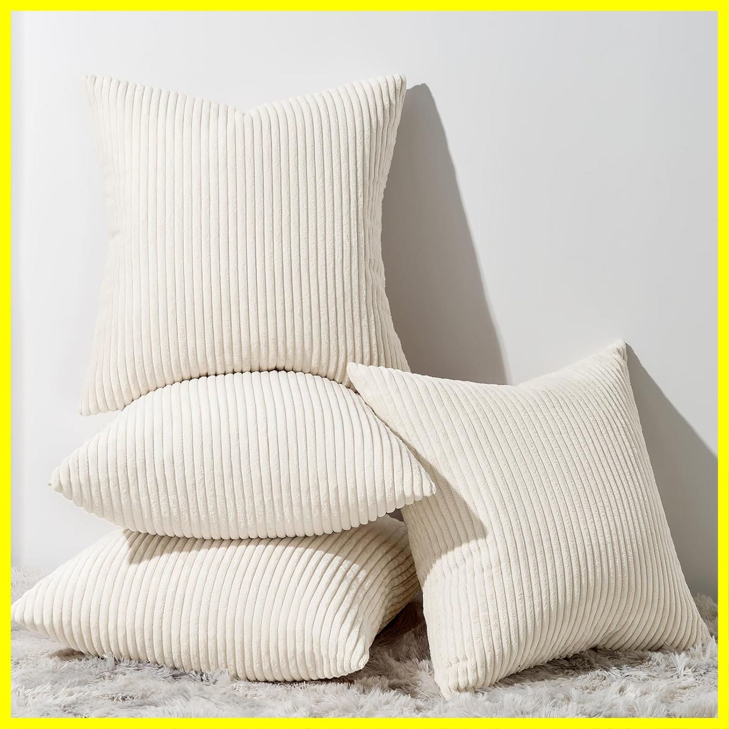 【人気商品】45×45cm 4枚セット コーデュロイ 無地 クッションカバー おしゃれ 北欧 洗える ふわふわ 隠れるファスナー Topfinel ストライプ ソファー用背当て 装飾枕カバー クレーム