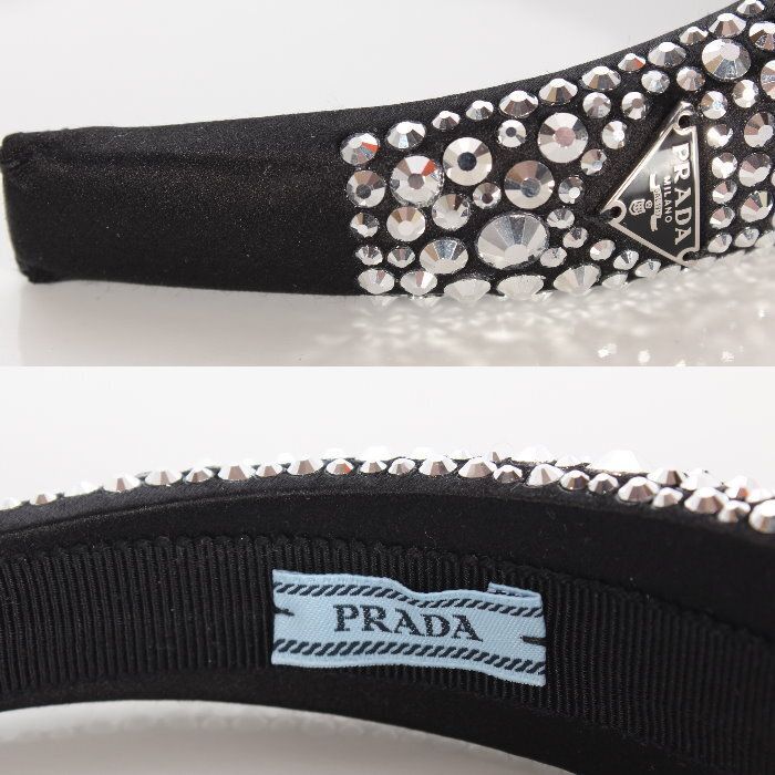PRADA プラダ カチューシャ 1IH019 2D0H F063R シルバー ブラック ファセット クリスタル ラインストーン サテン ヘッドバンド ヘア 髪飾り トライアングルロゴメタル レディース ユニセックス 本物 売れ筋 DECORATOM_COM_BR