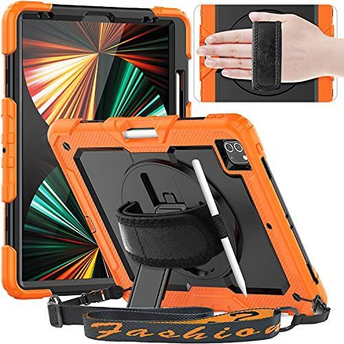 iPad Pro 12.9 インチ_ブラック オレンジ Timecity iPad Pro 12.9 ケース 2025 第6世代 頑丈 耐衝撃 ワイヤレス充電対応 スタンド機能 保護フィルム付き ペン収納 ハンドストラップ付き 肩掛け キズ防止 子供 工事
