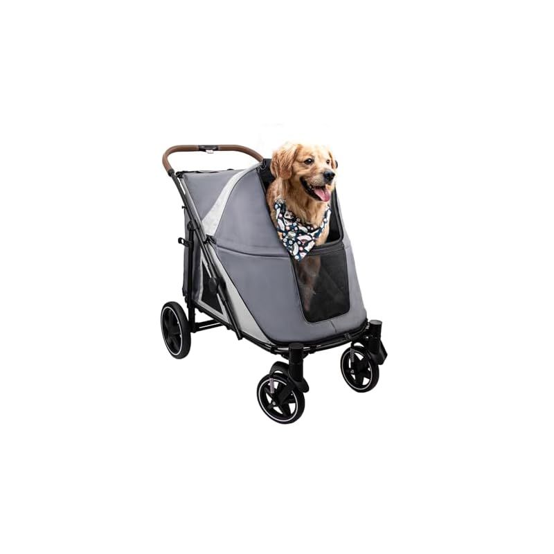 GPR ペットカート 大型犬用カート ワンタッチ折りたたみ式 犬 バギー 多頭 大型犬 ペットバギー 4輪 軽量コンパクト 組み立て簡単 前後で入り レインカバー付き ポケット付き 大型 中型 多匹飼い向け 耐荷重50Kg シルバーグレー-チャコール 1