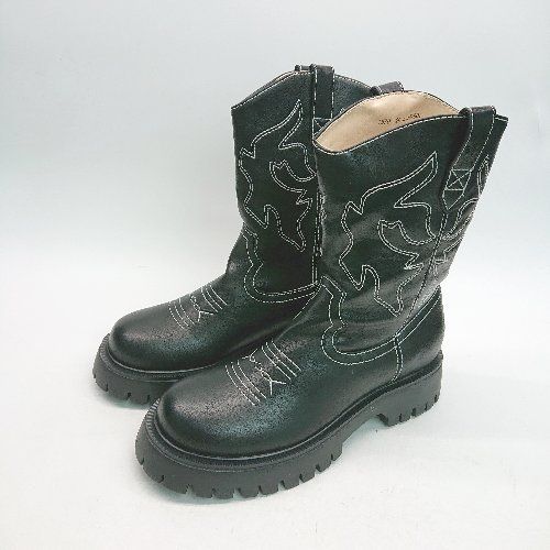 ● ● LAGUA GEM<!-利用不可文字-!> ラウンドトゥ ステッチ カジュアル ショート ウエスタンブーツ サイズM ブラック レディース E 1310130027402