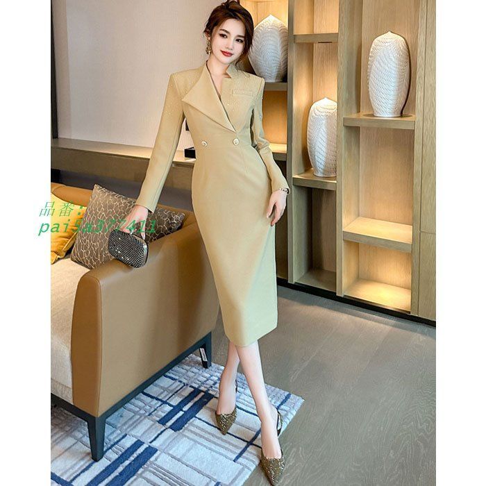 大きめ襟付き 胸ポケット 長袖膝丈スーツ風ワンピース ベージュ 結婚式 発表会 オケージョン レディース 韓国 服 pai5a377411