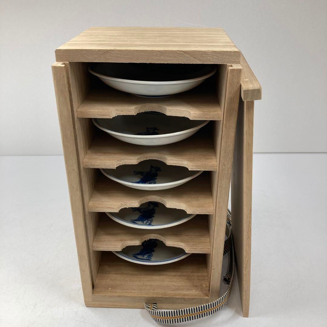 江戸中期　染付唐子瑞小皿5枚仕立箱付直径11.3㎝　東Y5-1116⑤トトチ 江戸中期 染付唐子瑞小皿5枚仕立箱付直径11.3㎝ 東