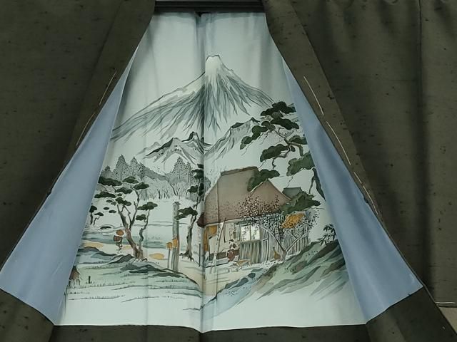 平和屋本店□極上 男性 ひげ紬 アンサンブル 長羽織セット 黒緑色地